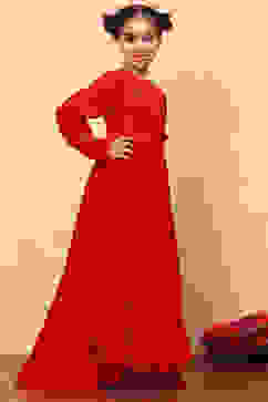 Red Jacquard Floral Self-Design Gathered Festive Gown image number 2