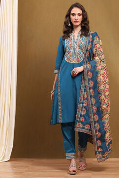 Teal Cotton Floral Printed Straight Suit Set image number 6