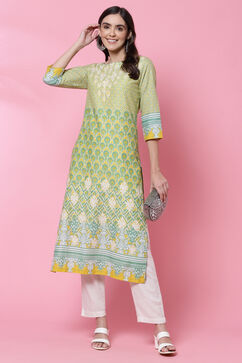 Lime Yellow Cotton Straight Kurta image number 5