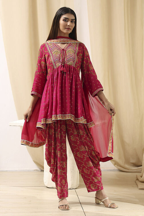Fuchsia Viscose Floral Printed Peplum Suit Set image number 6
