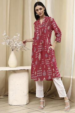 Pink Cotton Printed Straight Kurta image number 0