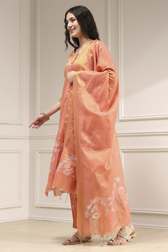 Orange Tissue Applique Unstitched Suit Set image number 4