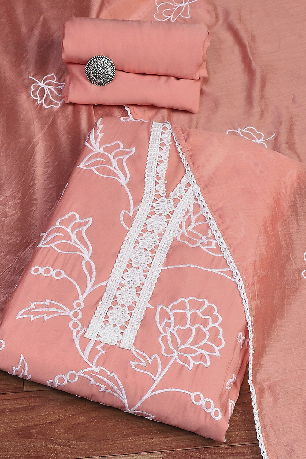 Peach-Pink Modal Machine Embroidered Unstitched Suit Set image number 0