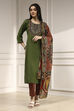 Green Cotton Hand Block Print Unstitched Suit Set image number 1