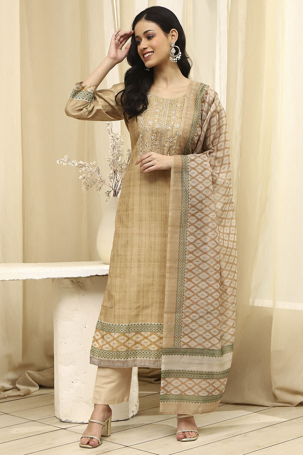 Beige Cotton Machine-Embroidered Unstitched Suit Set image number 7