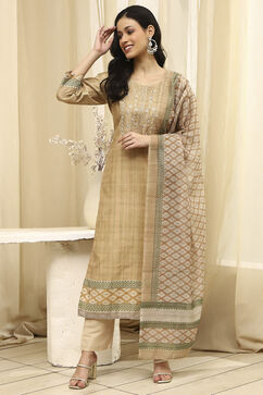 Beige Cotton Machine-Embroidered Unstitched Suit Set image number 7