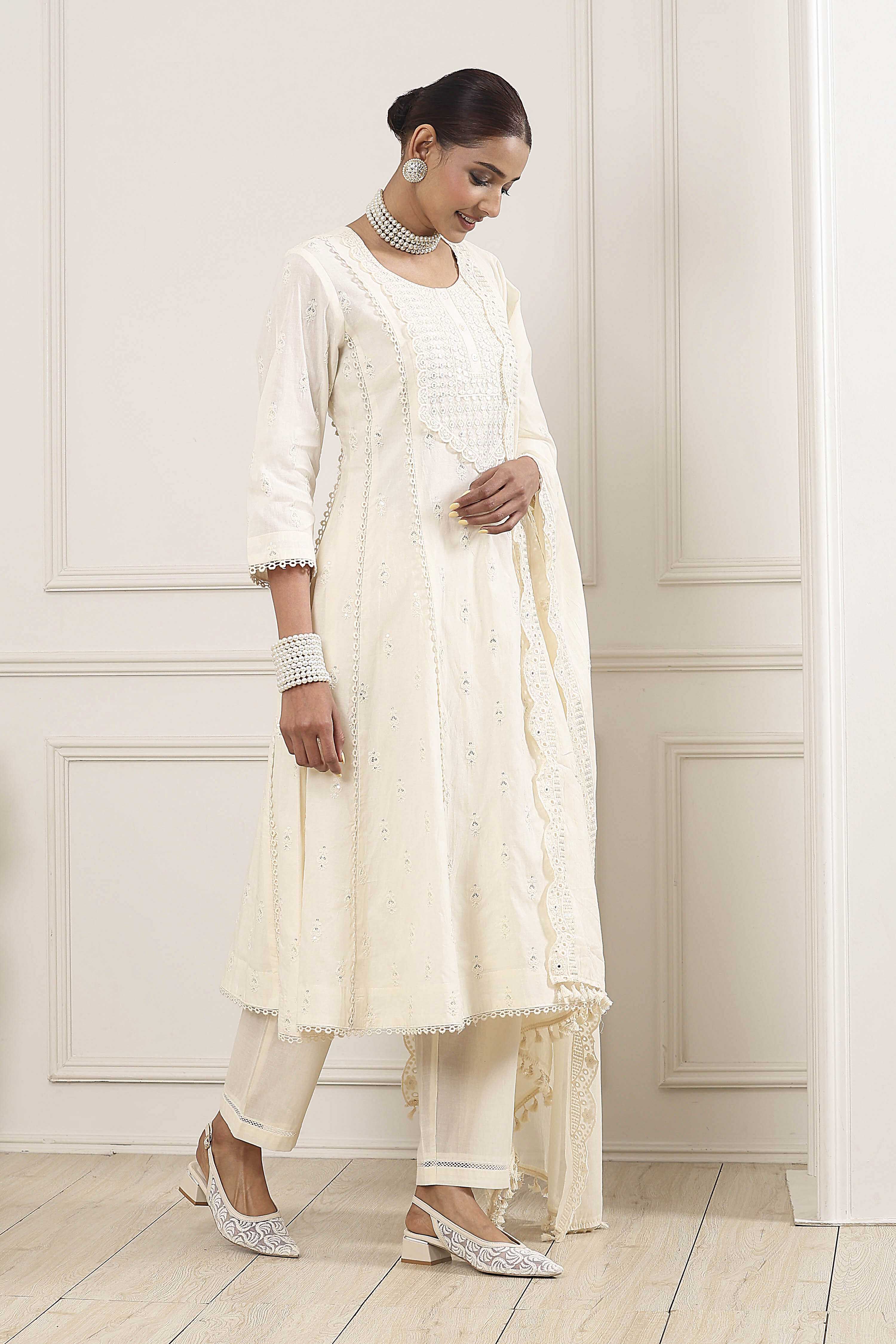 Ecru Cotton Embroidered Kalidar Suit Set image number 5
