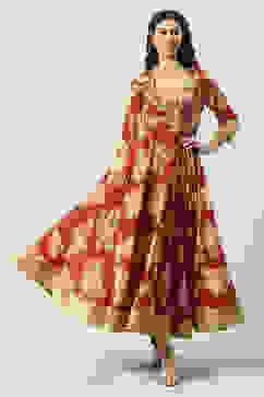 Wine Art Silk Flared Fusion Printed Dress image number 0