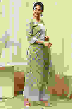 Lime Green Cotton Hand Block Print Unstitched Suit Set image number 6