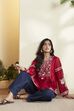 Red Cotton Silk Embroidered Full Sleeve Kurti image number 0