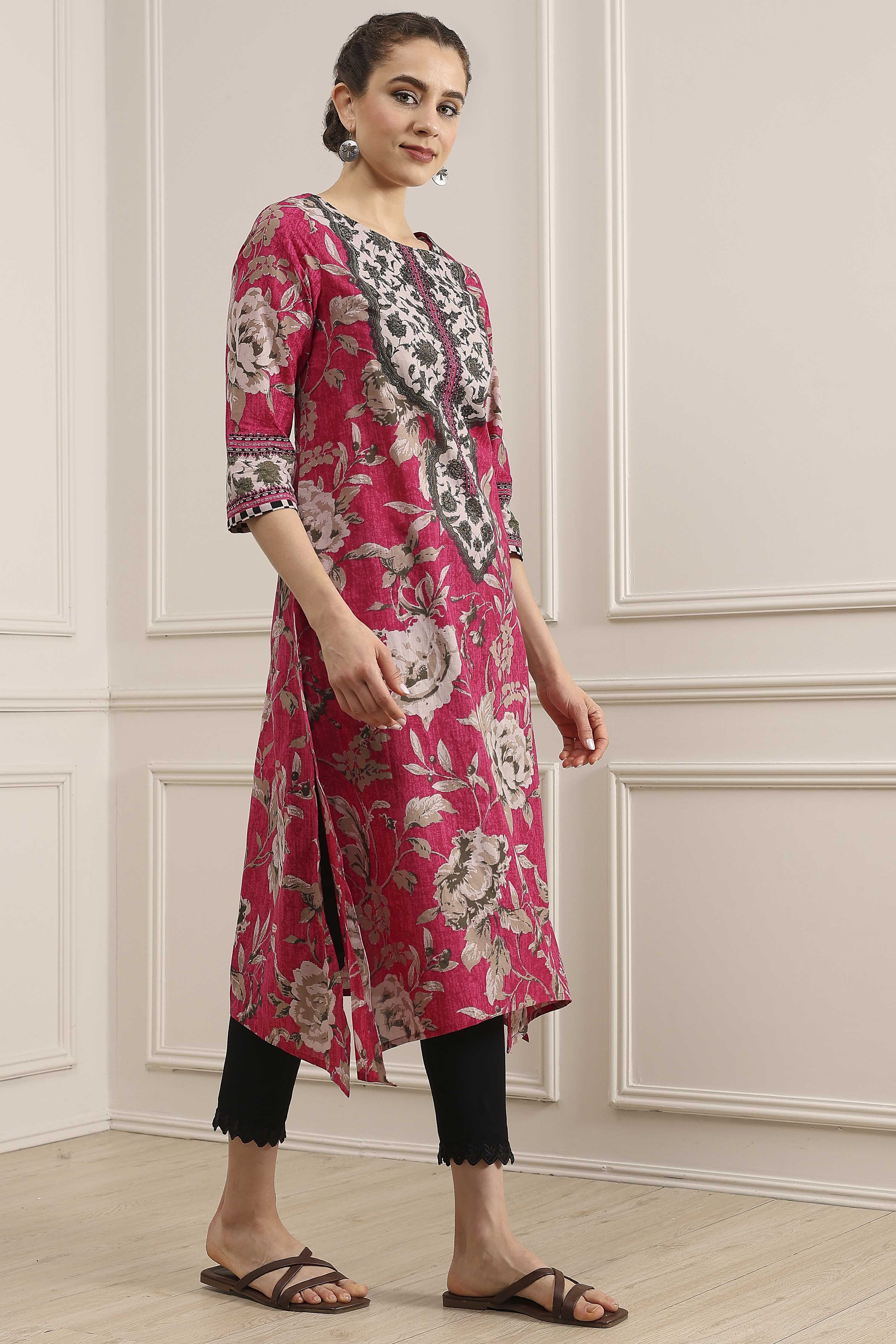 Pink Cotton Printed Straight Kurta image number 4