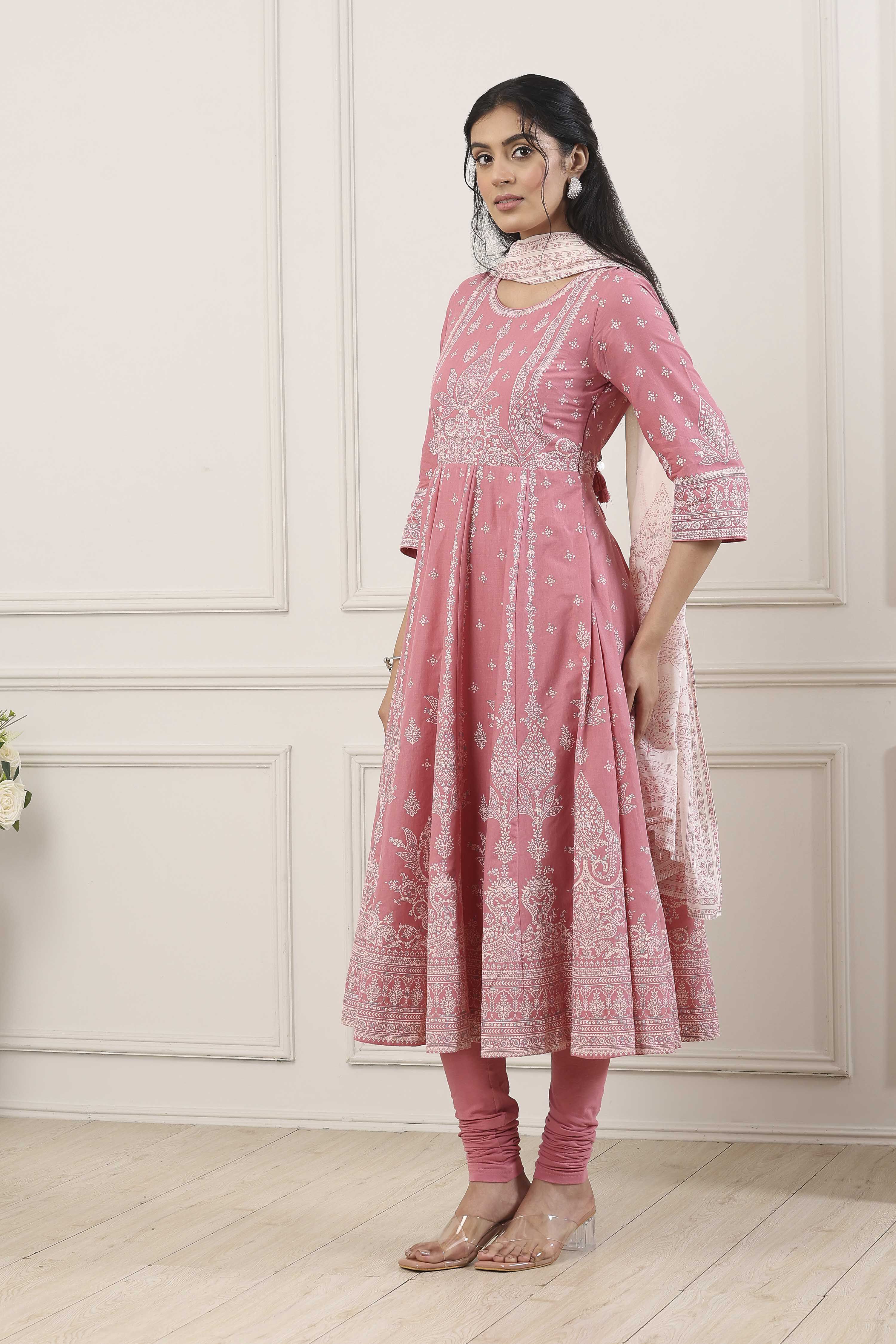 Pink Cotton Ethnic Motif Printed Anarkali Suit Set image number 3