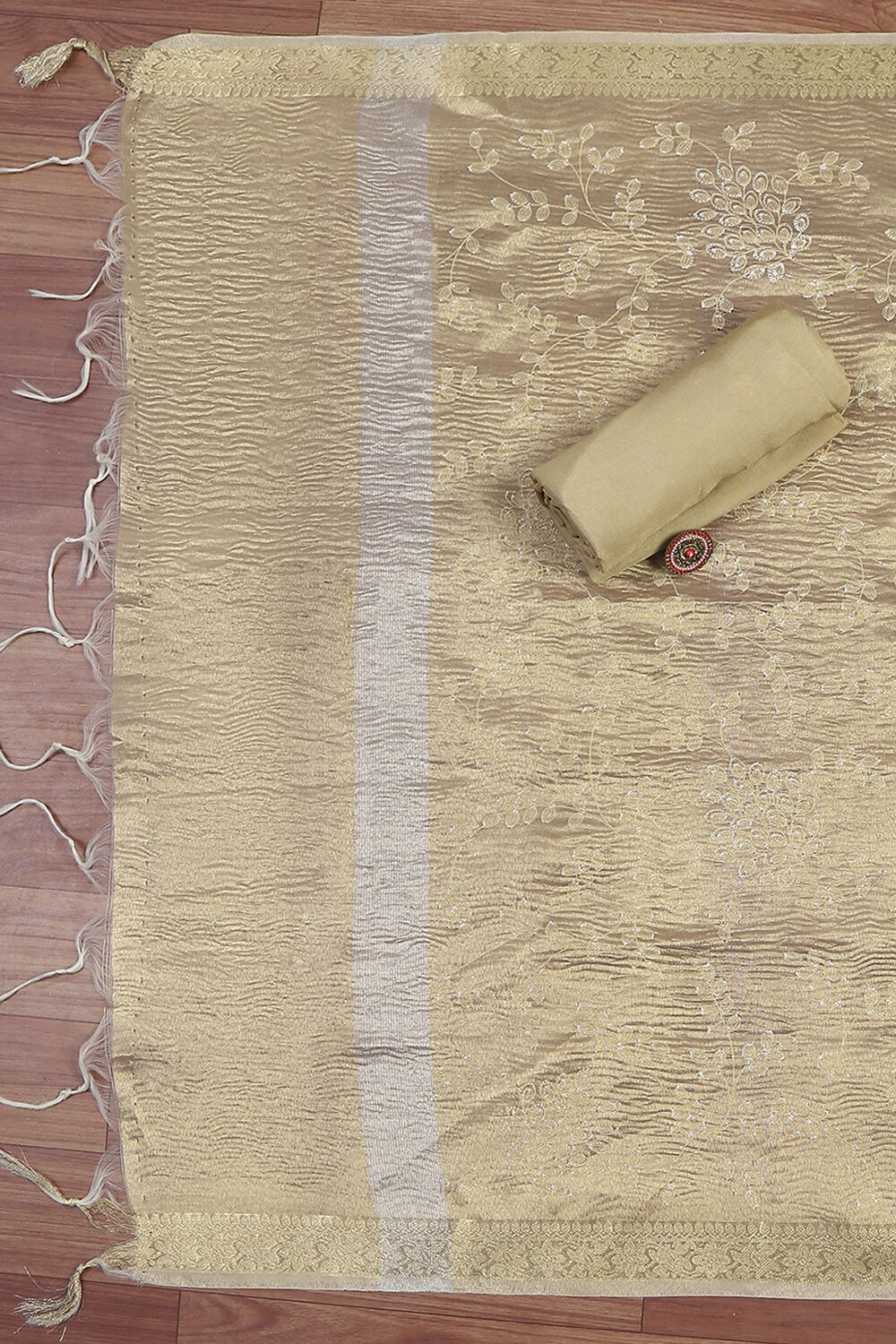 Beige Cotton Machine Embroidered Unstitched Suit Set image number 3