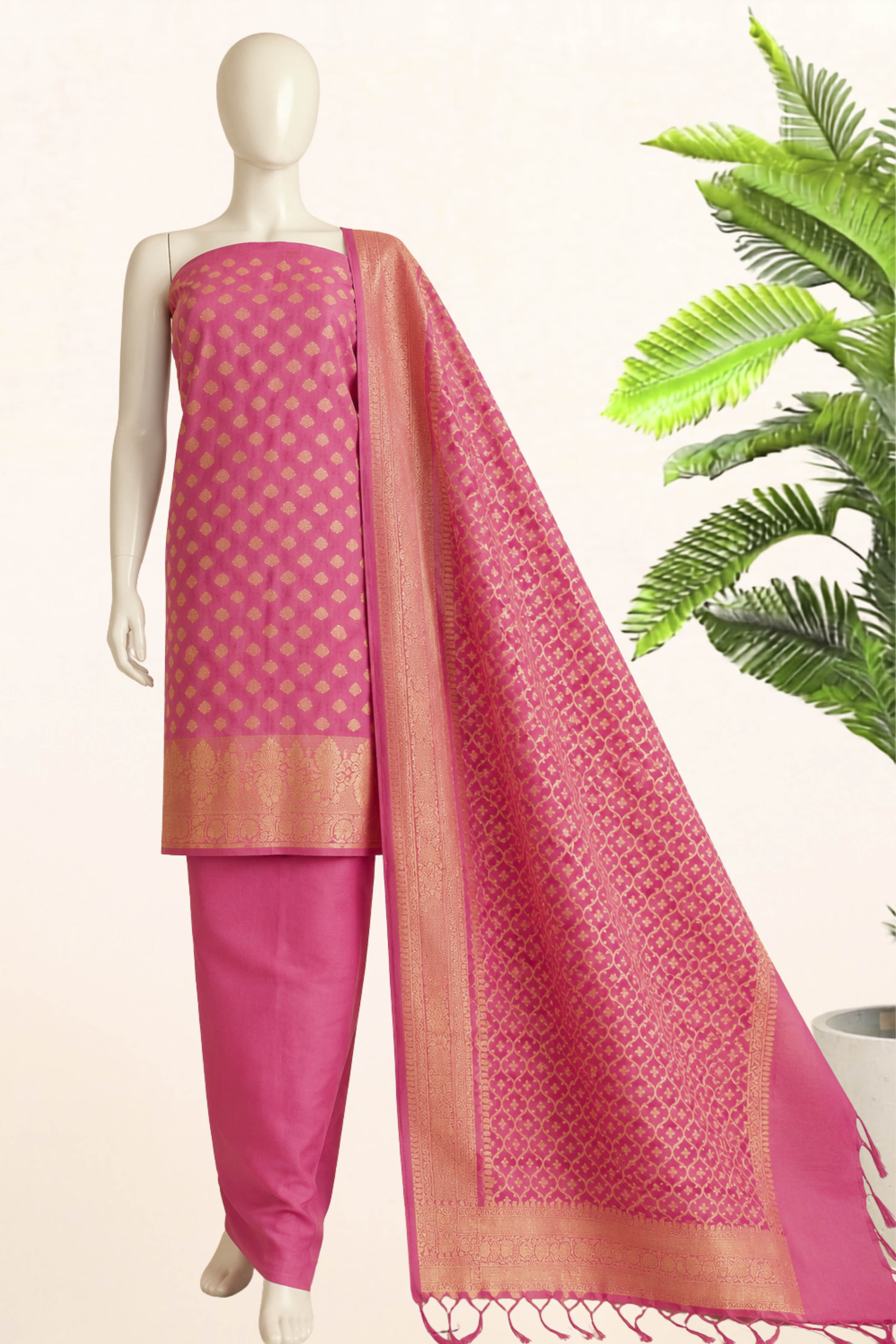 Pink Chanderi Printed Unstitched Suit Set image number 5