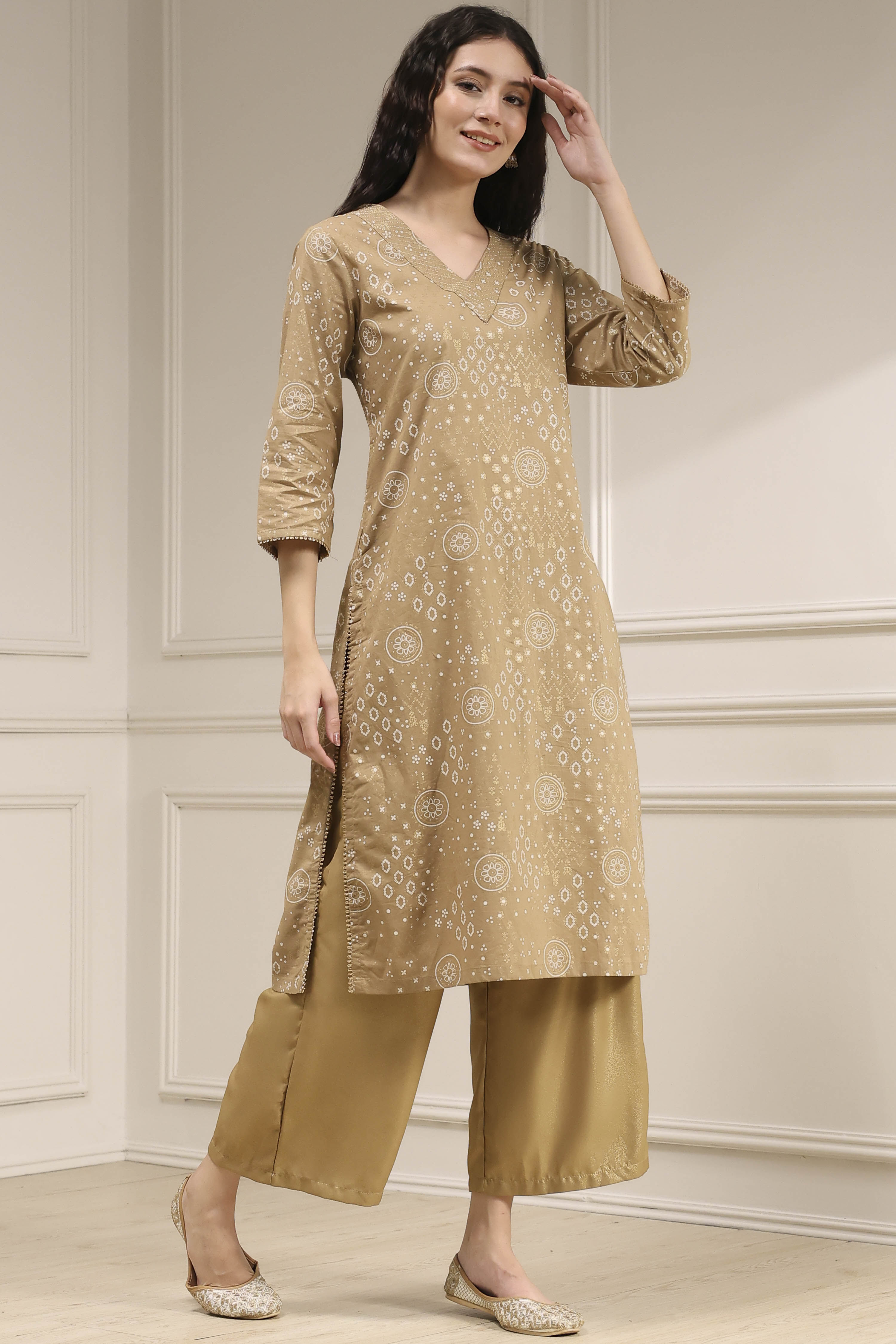 Beige Cotton Printed Straight Kurta image number 4