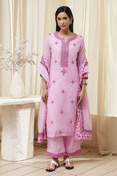 Pink Embroidered Straight Suit Set image number 6