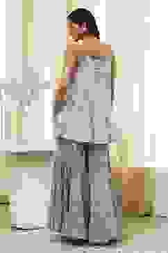 White and Blue Cotton Floral Flared Suit Set image number 4