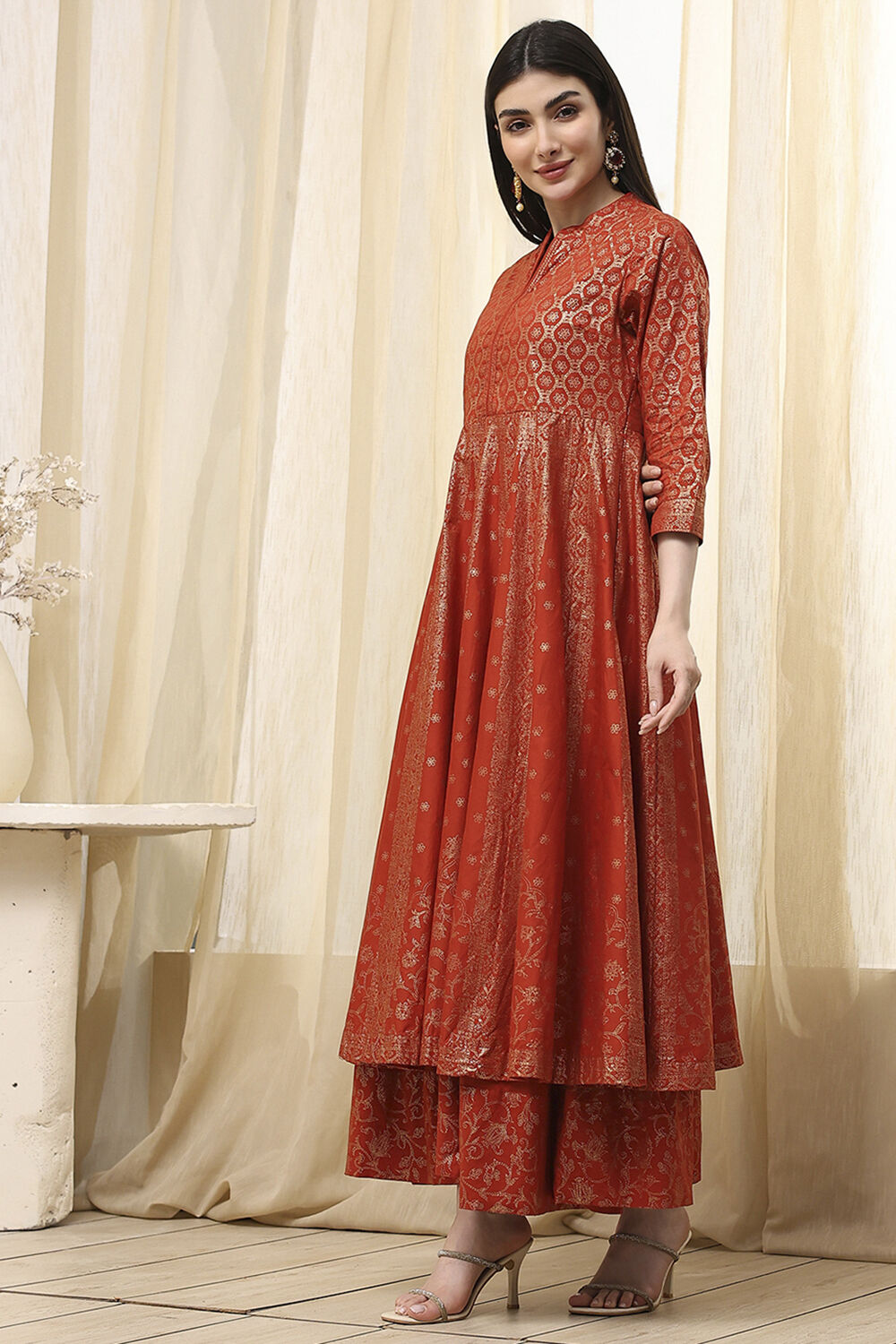 Terracotta Cotton Layered Anarkali Dress image number 1