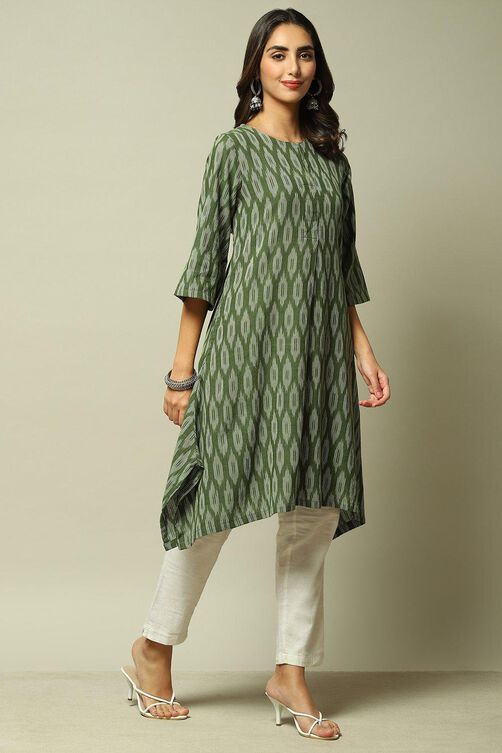 Dark Green Cotton IKAT Straight Yarndyed Kurta image number 3