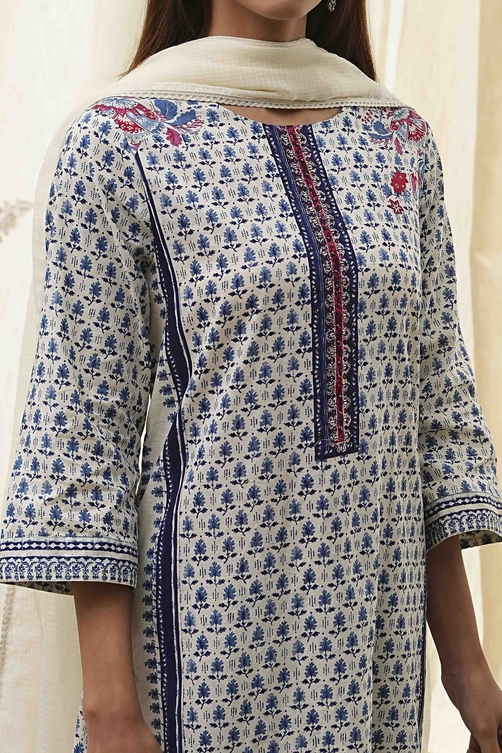 Off-White Cotton Printed Straight Suit Set image number 1