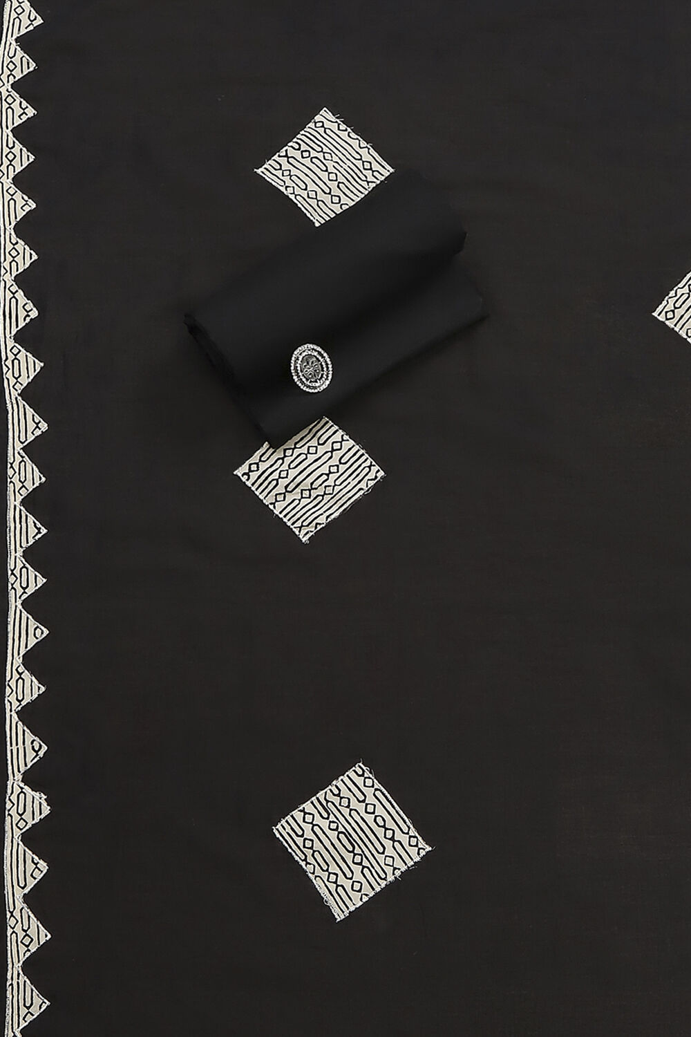 Black Cotton Hand Block Print Unstitched Suit Set image number 3