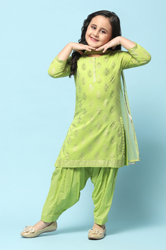 Green Cotton Straight Printed Kurta Patiala Salwar Suit Set