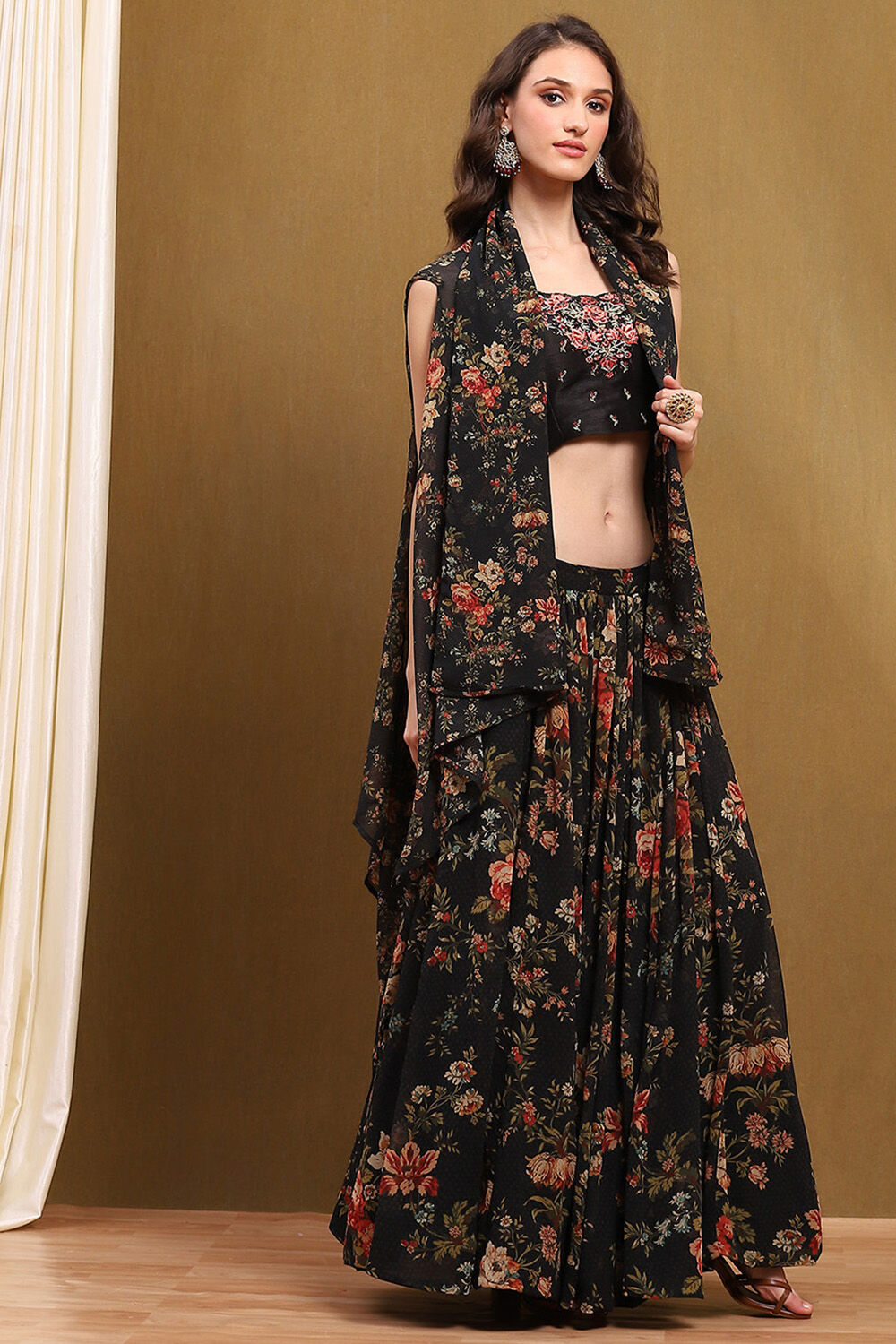 Black Georgette Floral Printed Flared Lehenga Set image number 5