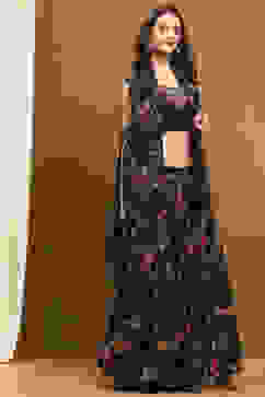 Black Georgette Floral Printed Flared Lehenga Set image number 5