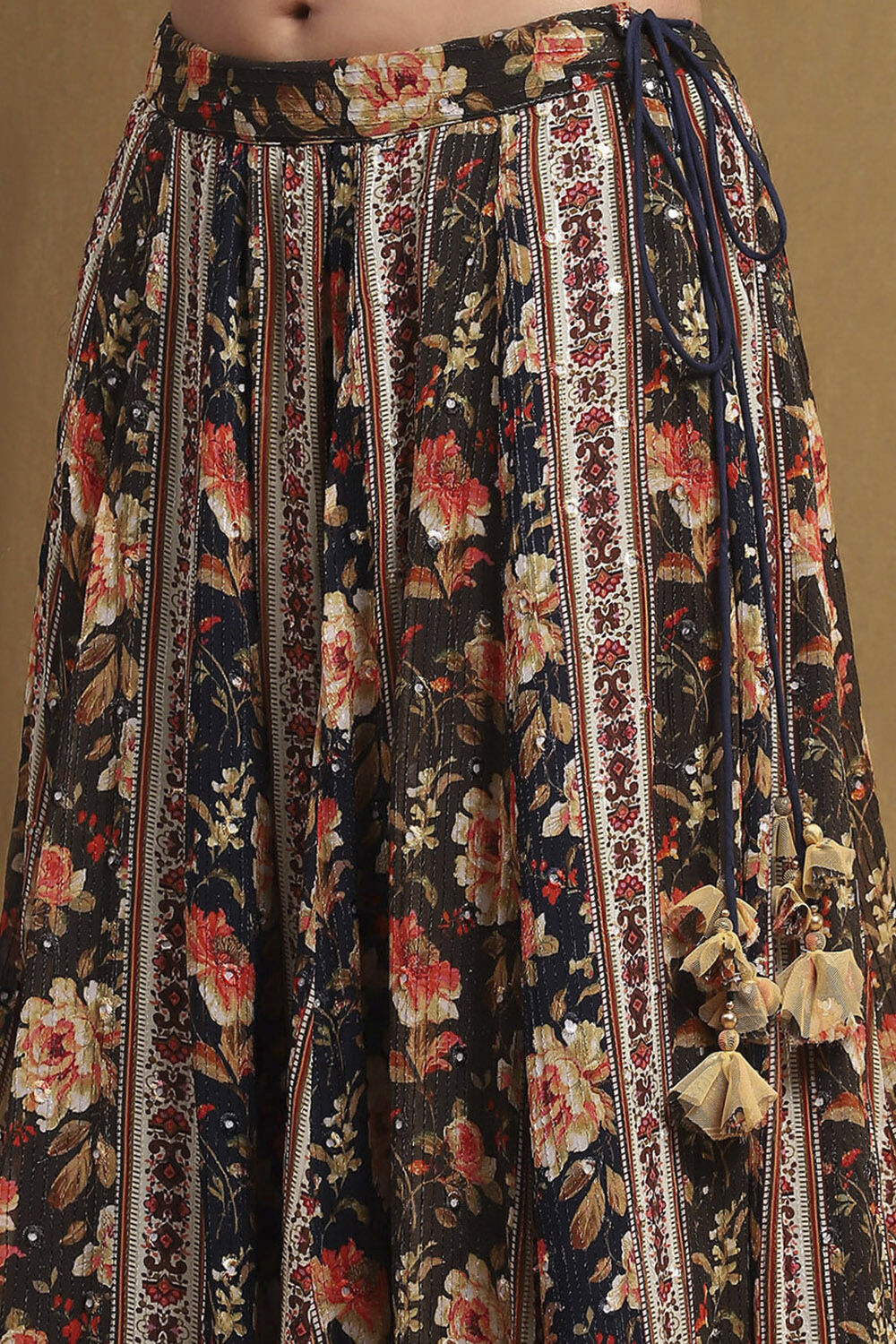 Mustard Yellow and Navy Blue Embroidered Lehenga Set image number 2