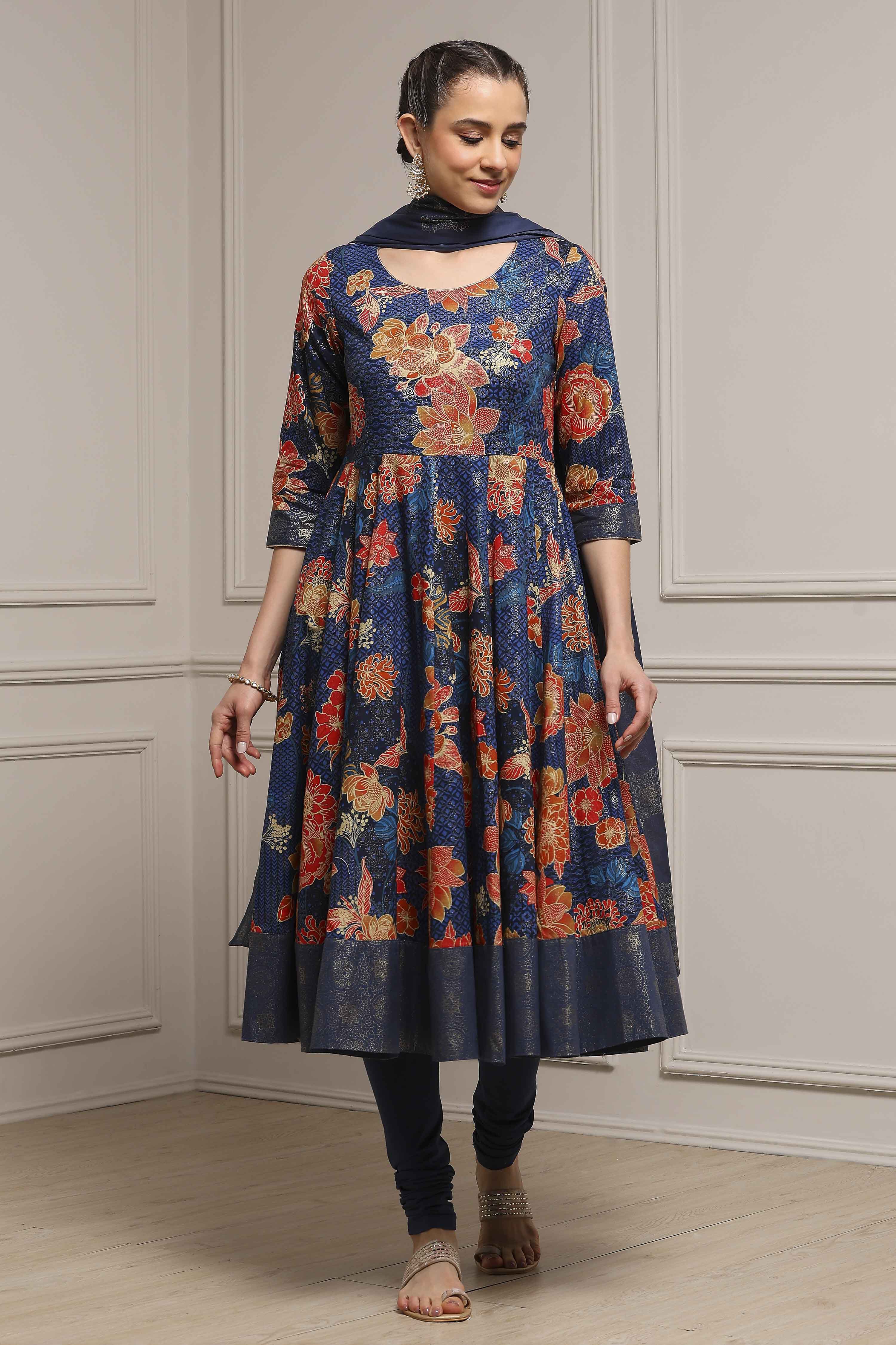 Navy Cotton Anarkali Printed Suit Set image number 6