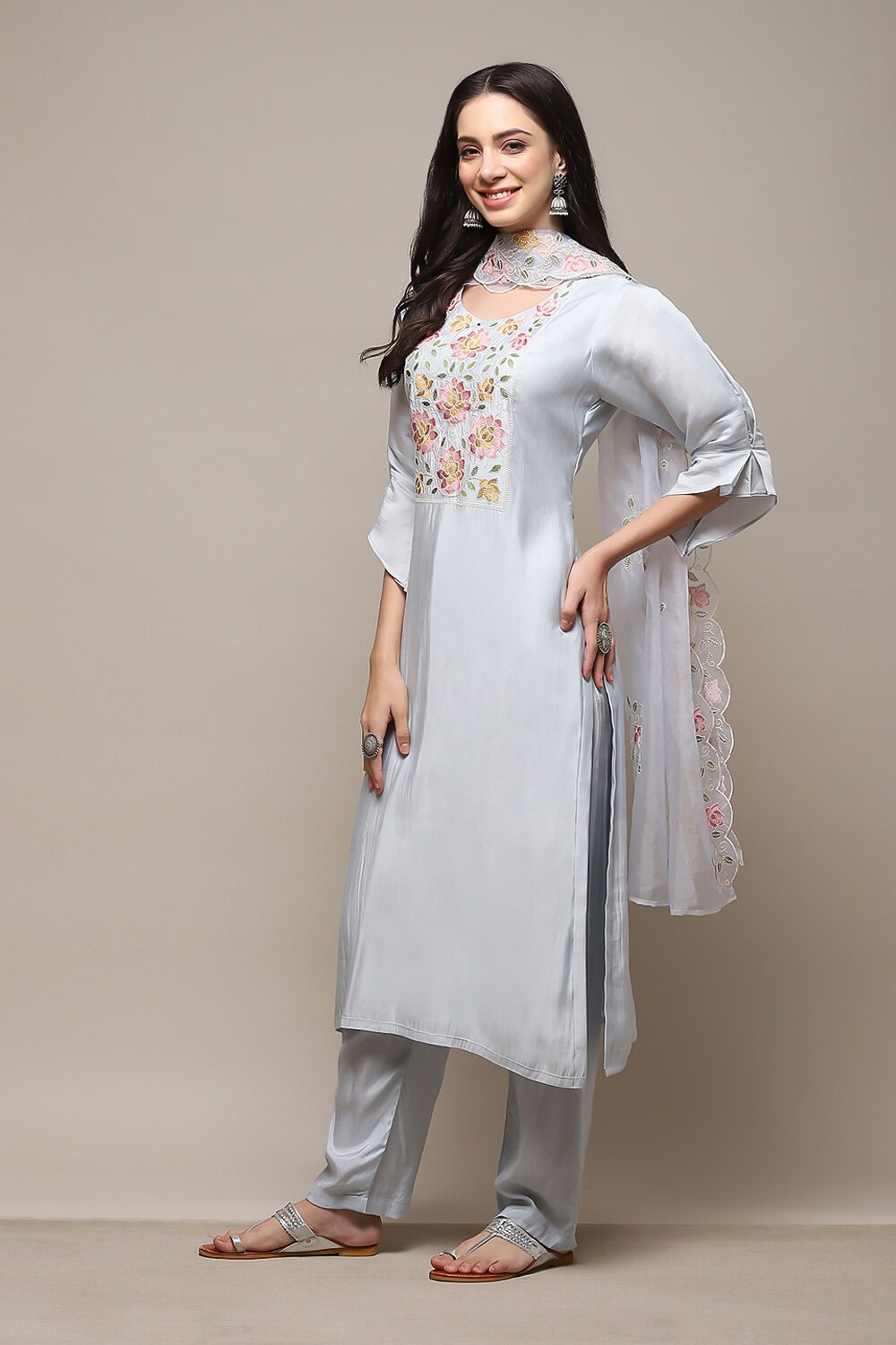 Light Blue Chanderi Blend Printed Unstitched Suit Set image number 6