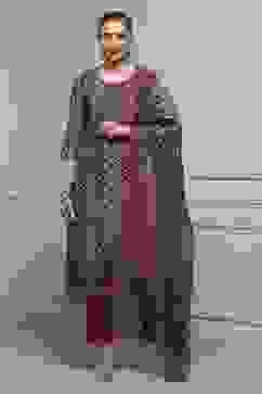 Orange Chanderi Blend Printed Embroidered Unstitched Suit Set image number 1