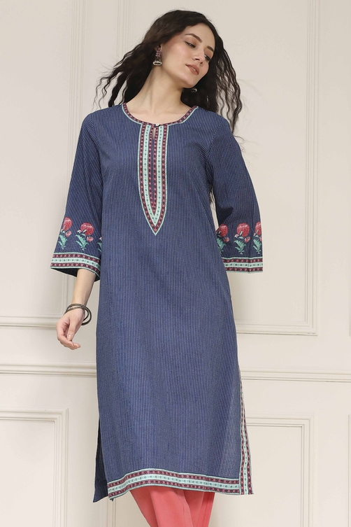 Indigo Blue Cotton Printed Straight Kurta image number 5