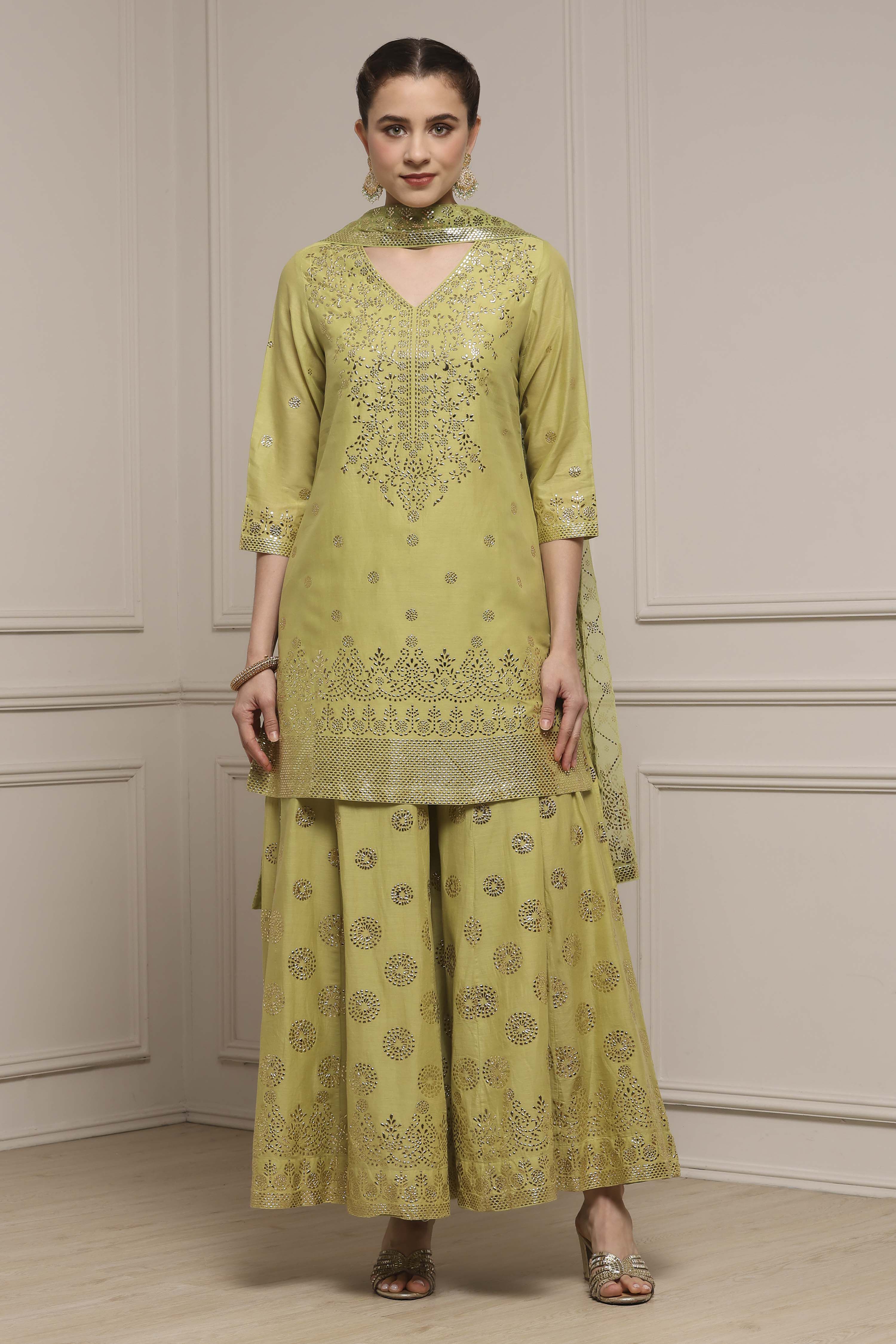 Green Cotton Metallic Pattern Sharara Suit Set image number 6