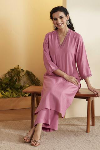 BIBA Viscose Rayon Printed Straight Semi-Formal Kurta With Palazzo in Pink