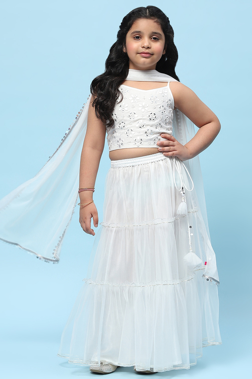 Buy White Poly Chanderi Mirror Work Tiered Lehenga Set Online at