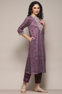 Purple Cotton Blend Printed Straight 2 Piece Set image number 5