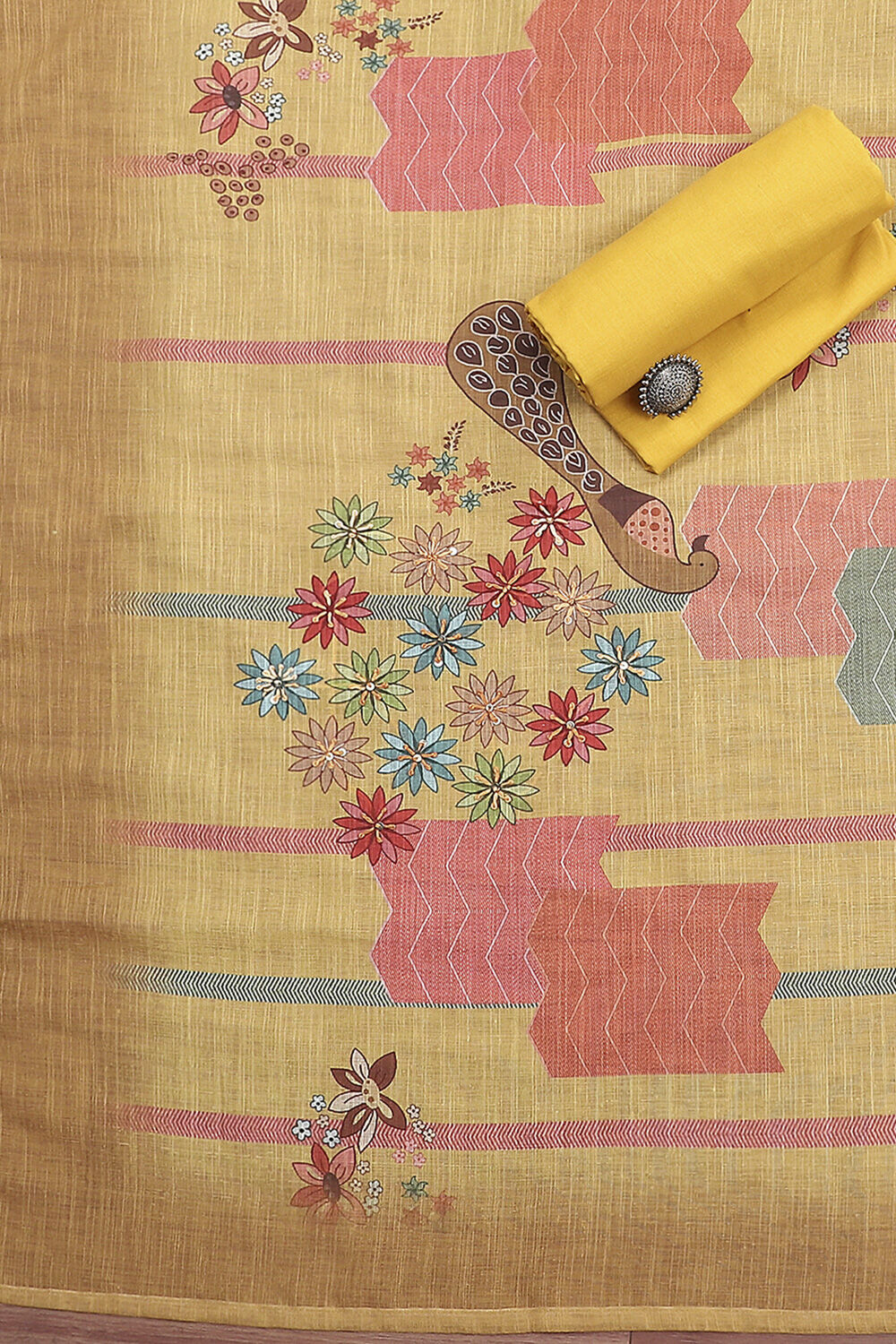 Yellow Chanderi Printed Unstitched Suit Set image number 3