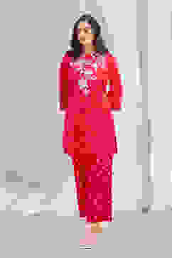 Red Cotton Straight Suit Set image number 6
