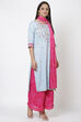 Pink Metallic Cotton Straight Kurta Flared Palazzo Suit Set image number 2