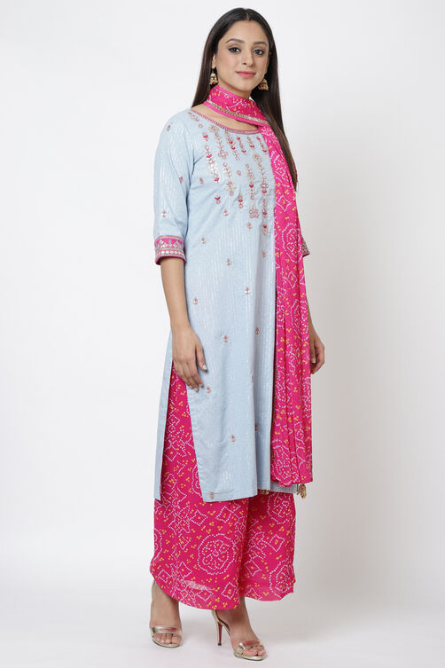 Pink Metallic Cotton Straight Kurta Flared Palazzo Suit Set image number 2