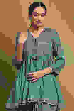 Green Muslin Printed Peplum Suit Set image number 1