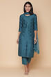 Teal Cotton Silk Straight Kurta Pant Suit Set image number 0