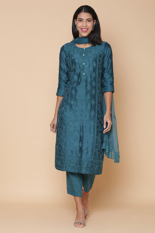 Teal Cotton Silk Straight Kurta Pant Suit Set image number 0