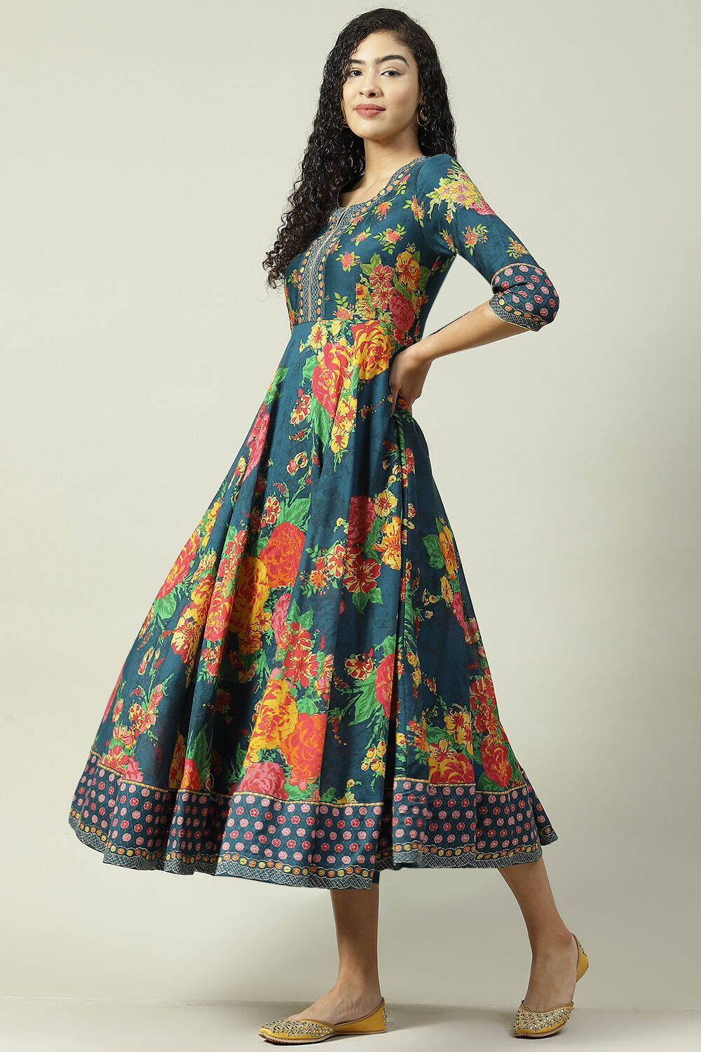 Red Cotton Flared Fusion Printed Dress image number 3