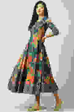 Teal Cotton Flared Fusion Printed Dress image number 3