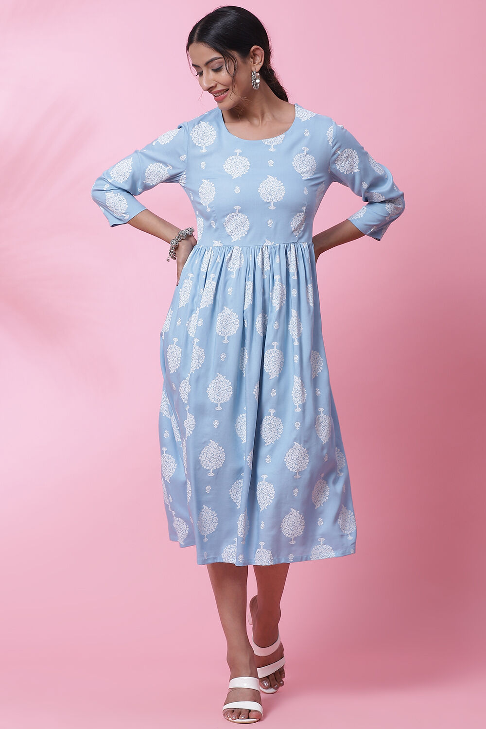 Powder Blue Rayon Printed Kurta Dress image number 0