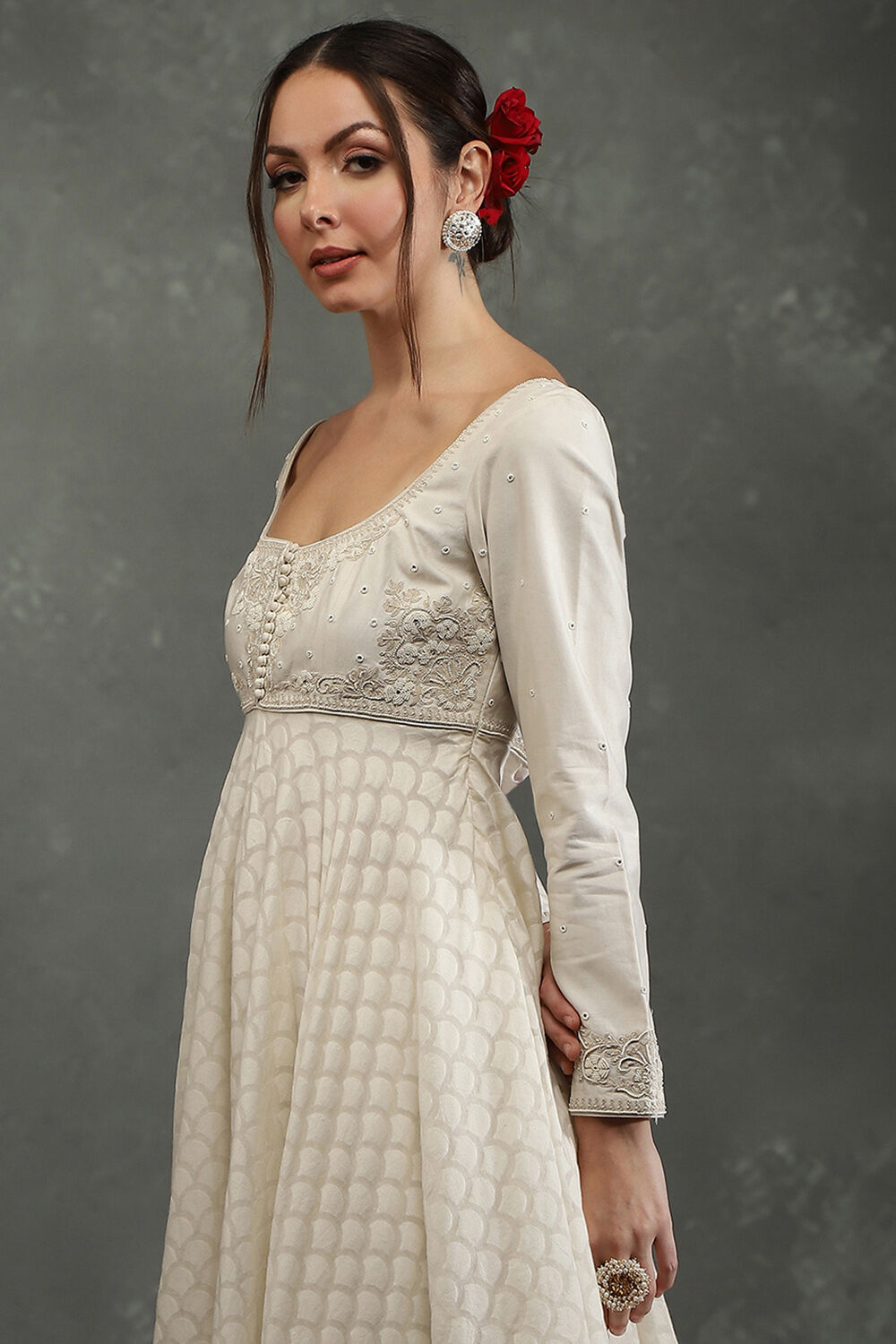 Rohit Bal Cream-Toned Silk Chanderi Floral Anarkali Suit Set image number 1