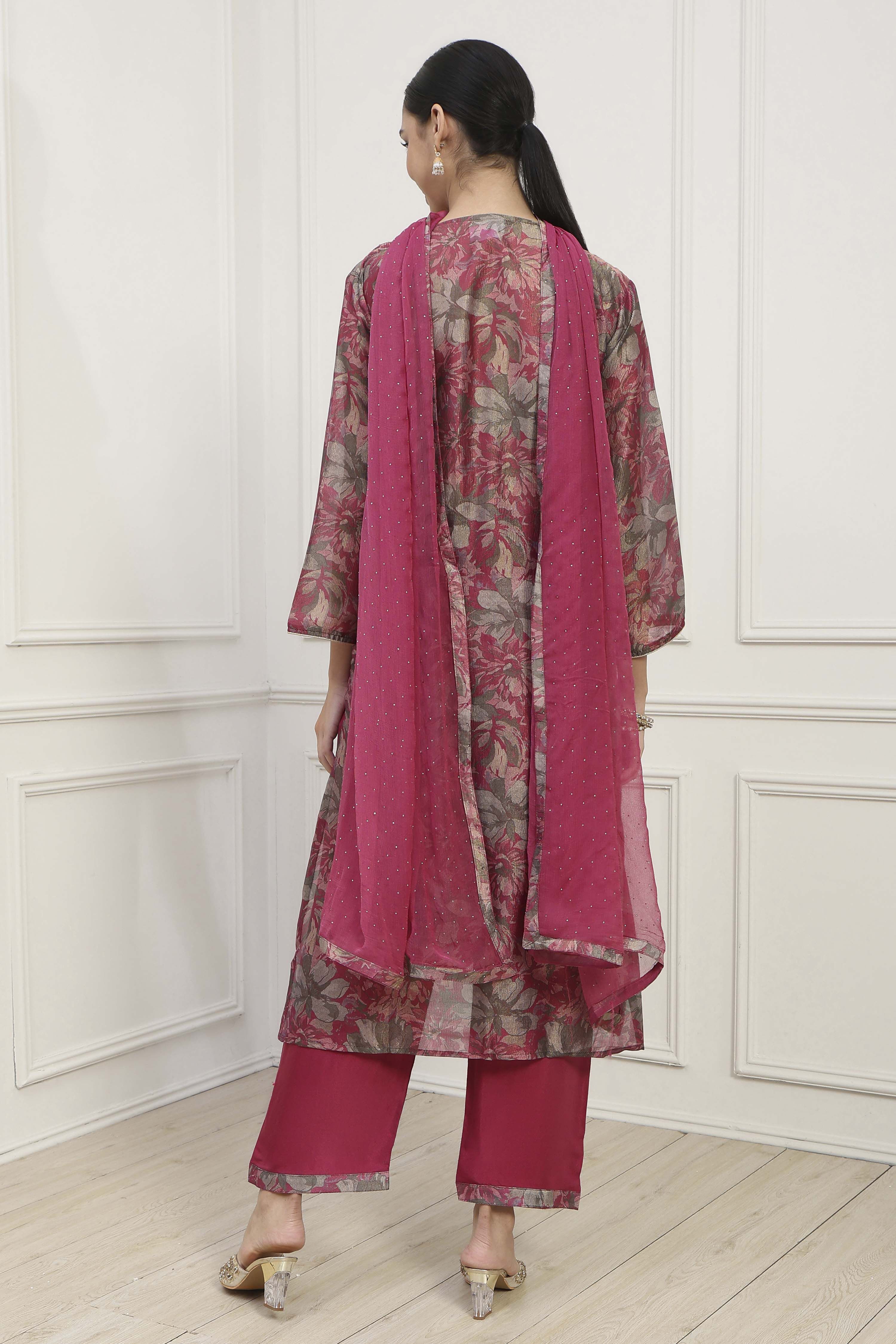 Purple Silk Blend Machine Embroidered Unstitched Suit Set image number 5