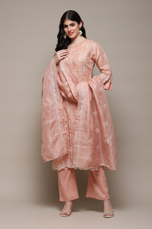 Peach Cotton Blend Printed Unstitched Suit Set image number 1